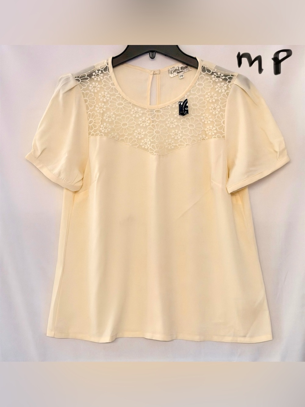 Carol Rose Cream Lace Yoke Short Sleeve Blouse